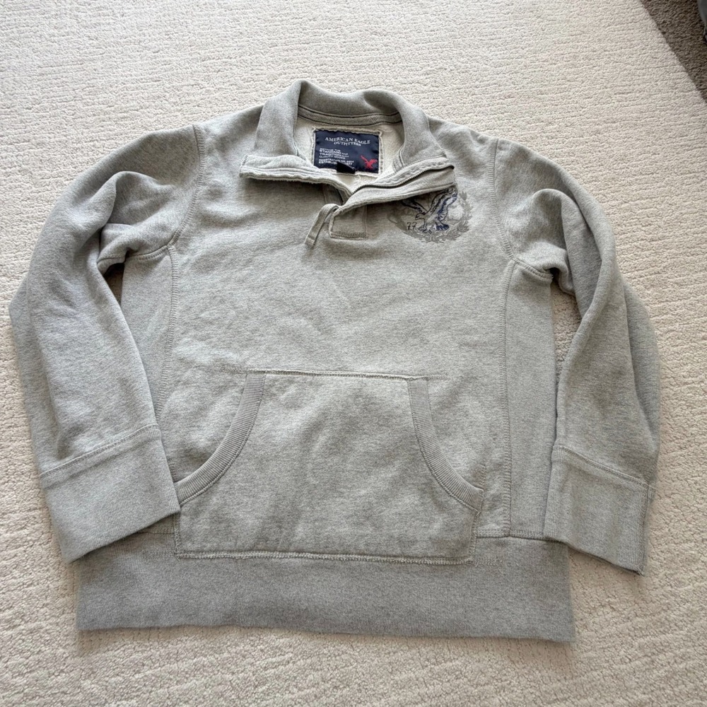 American Eagle Vintage Y2K Heavy 1/4 Zip Sweatshirt Gray Eagle Logo M Preppy